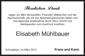 Traueranzeige von Elisabeth Muehlbauer von Pegnitz-Zeitung